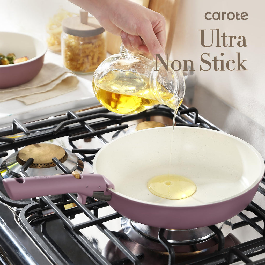 CAROTE Ceramic Pots and Pans Set Non Stick, Nonstick Kitchen Cookware Sets with Lid, Detachable Handle Sauté Pan Set, Non Toxic Frying Pan, Oven Safe, Induction Ready, Cream White