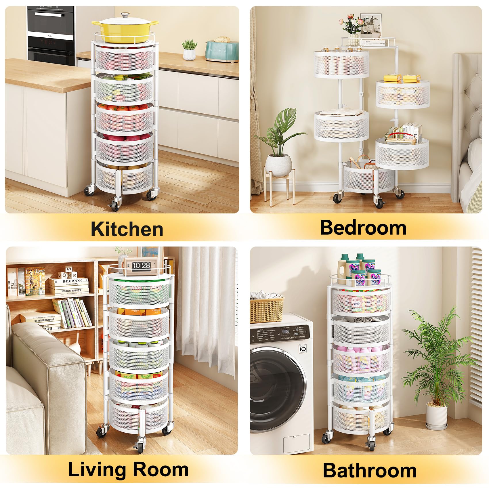 SNTD Fruit and Vegetable Basket Bowls for Kitchen with Metal Top Lid, 5 Tier Rotating Storage Rack Cart for Potato Onion Bread Banana, Wire Basket Organizer on Wheels, Large, Black