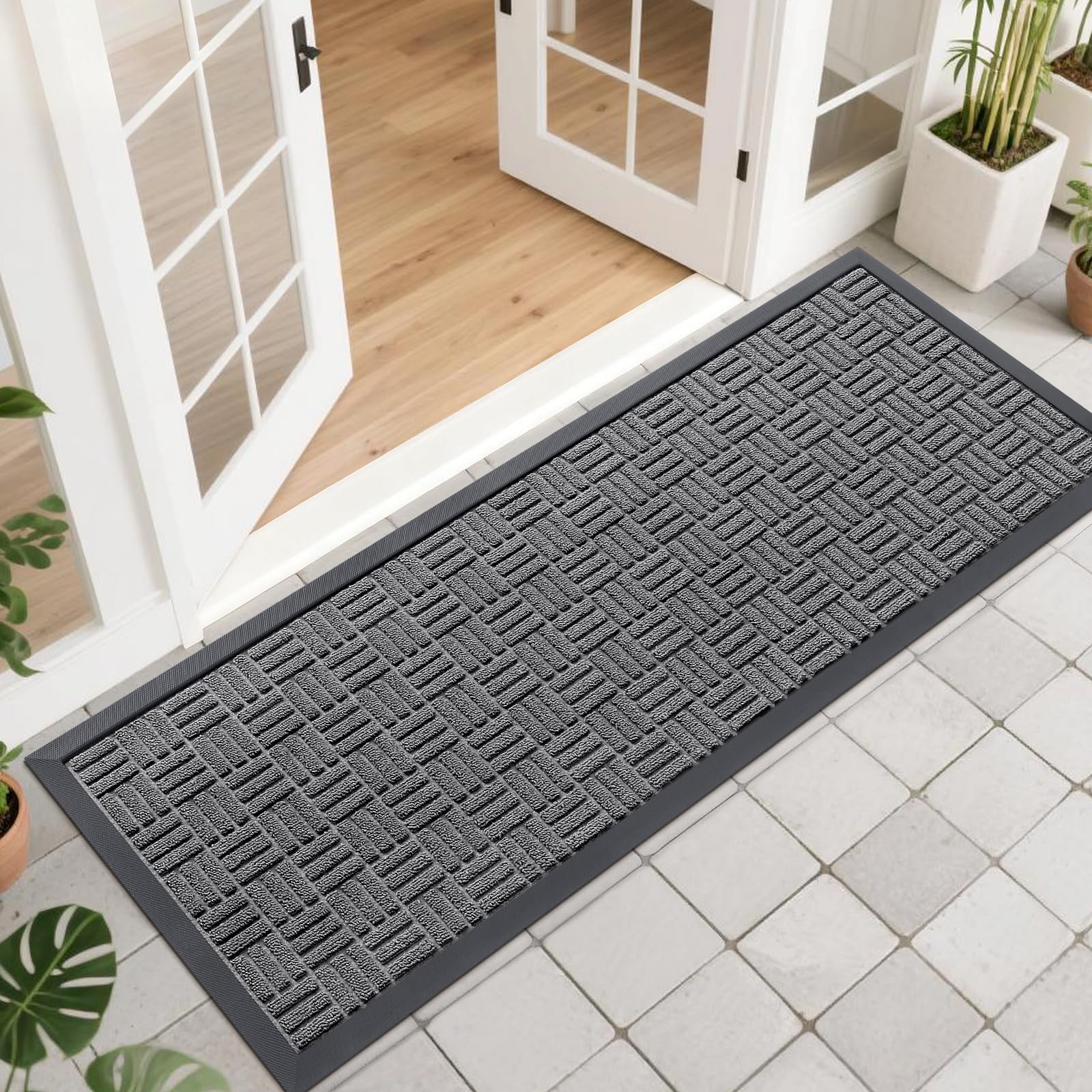 OLANLY Front Door Mat Outside Entrance 29.5x17, Absorbent, Heavy Duty Sturdy Natural Rubber Doormat Indoor Outdoor, Stain and Fade Resistant, Non-Slip Backing Low Profile Floor Mat for Entryway, Grey
