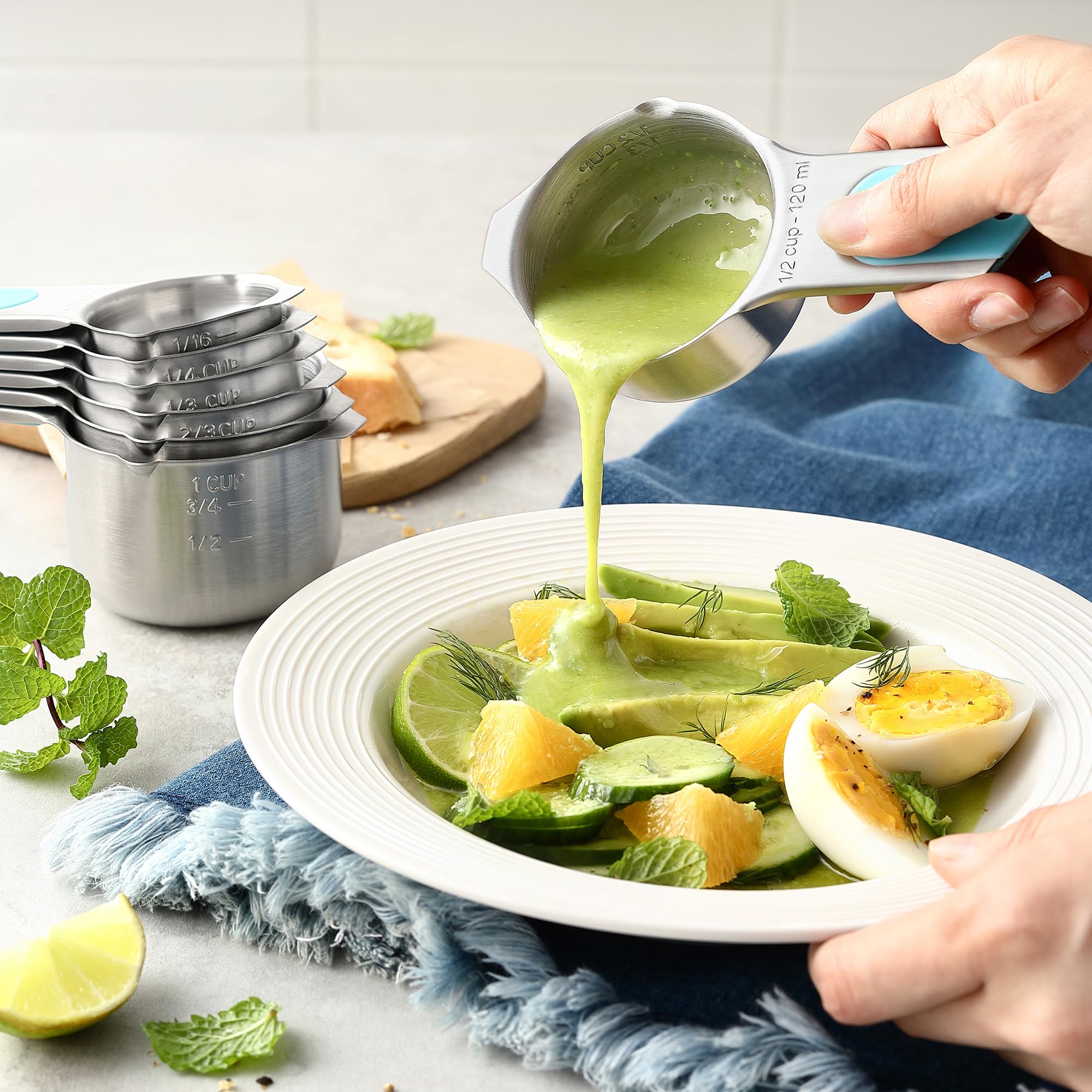 Spring Chef Magnetic Measuring Cups & Spoons Set, Patented, Strong N45 Magnets, Heavy Duty Stainless Steel Fits in Spice Jars for Baking & Cooking, BPA Free, Round Set of 15 with Leveler, Black