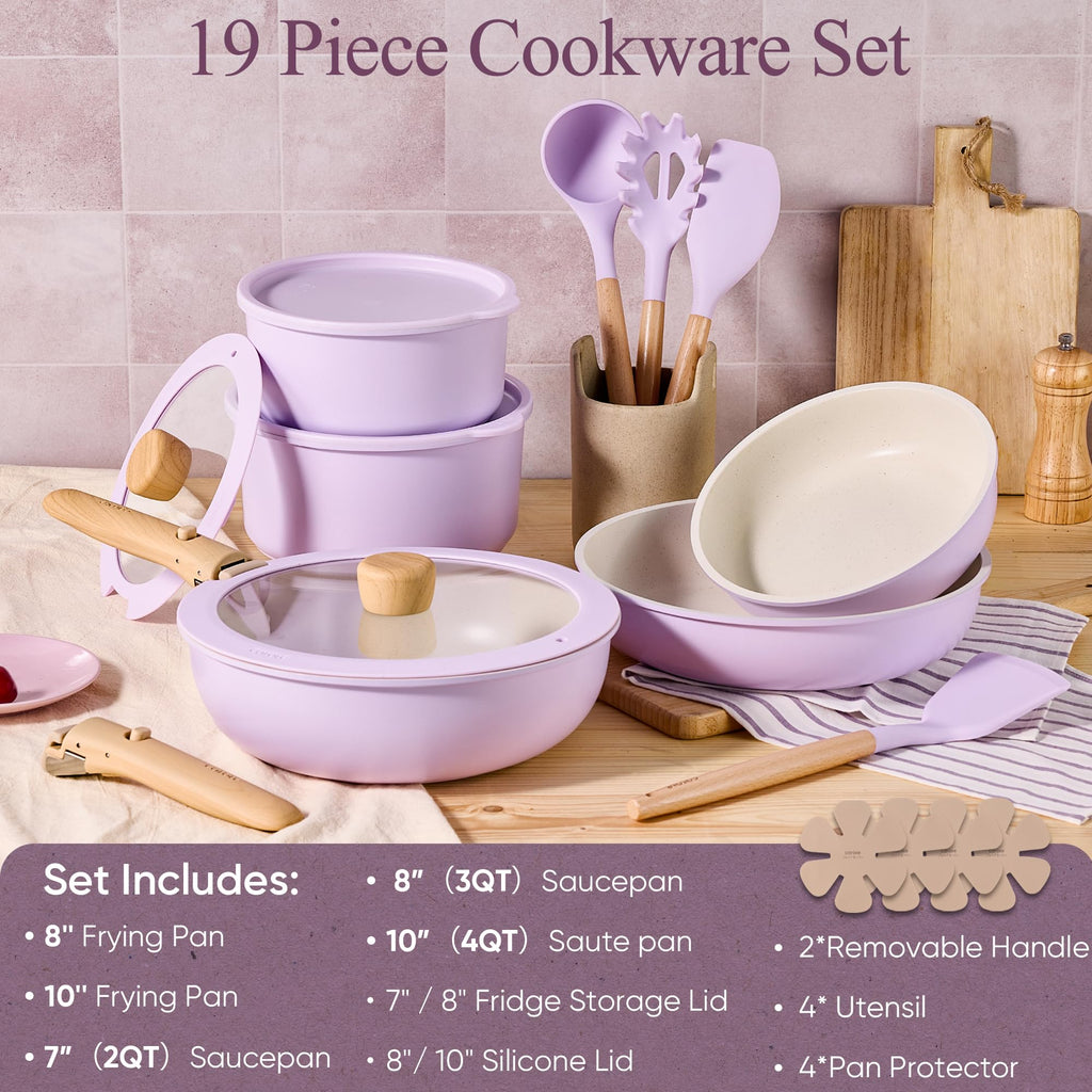 CAROTE Pots and Pans Set, Nonstick Cookware Set Detachable Handle, 19pcs Induction Kitchen Cookware Sets Non Stick with Removable Handle, RV Cookware Set, Oven Safe, Sage Green