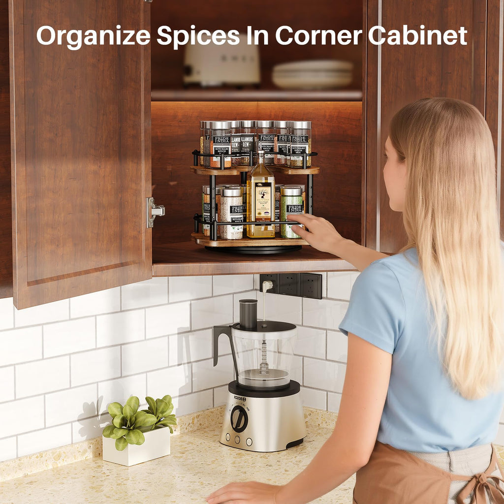 Lazy Susan Organizer Spice Rack - Spice Organization for Cabinet Height Adjustable Rotating Lazy Turntable, Pantry Kitchen Wood Revolving Seasoning Organizer (12 Inch)