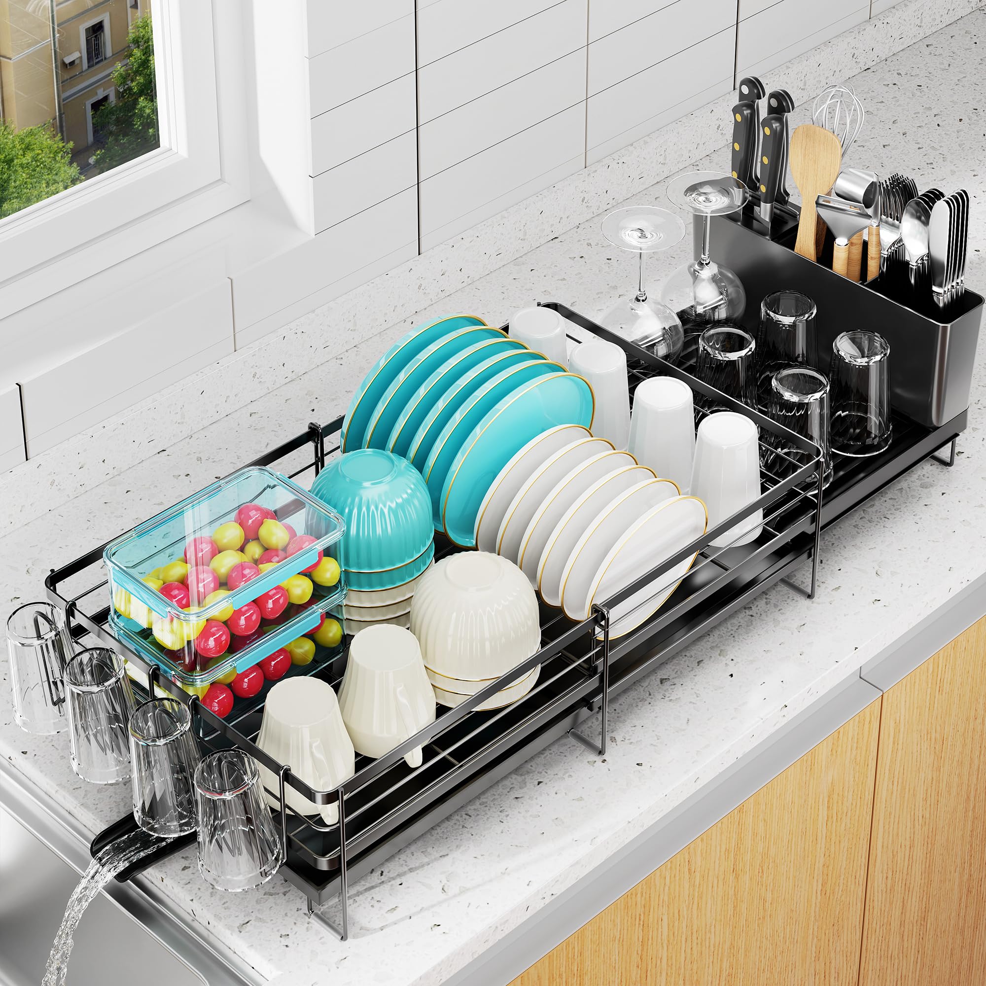 Large Dish Drying Rack, Expandable Dish Rack for Kitchen Counter, Upgraded Dish Drainer with Drainboard Set, Multifunctional Dishrack with Utensil Holder & Cup Holder, 13.4"-28.7" L x 11.8" W