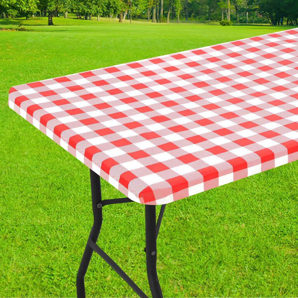 Smiry Rectangle Picnic Table Cloth, Elastic Waterproof Fitted Vinyl Tablecloths, Flannel Backed Buffalo Plaid Table Covers for Dining, Camping, Outdoor (Black and White, 30" x 72")