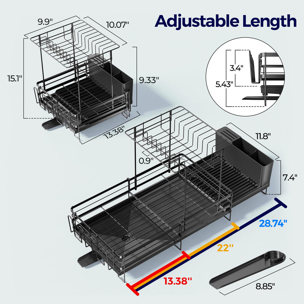 Large Dish Drying Rack, Expandable Dish Rack for Kitchen Counter, Upgraded Dish Drainer with Drainboard Set, Multifunctional Dishrack with Utensil Holder & Cup Holder, 13.4"-28.7" L x 11.8" W