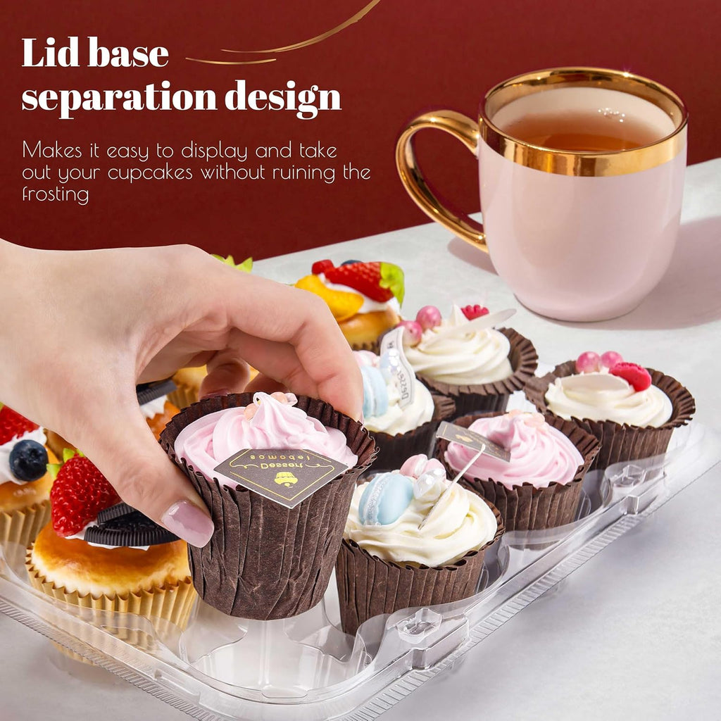 12 Count Cupcake Containers 12 Pack Cupcake Holders with Detachable Tall Dome Lids Clear Plastic Stackable Cupcake Boxes for 144 Cupcakes, BPA Free, Standard Size