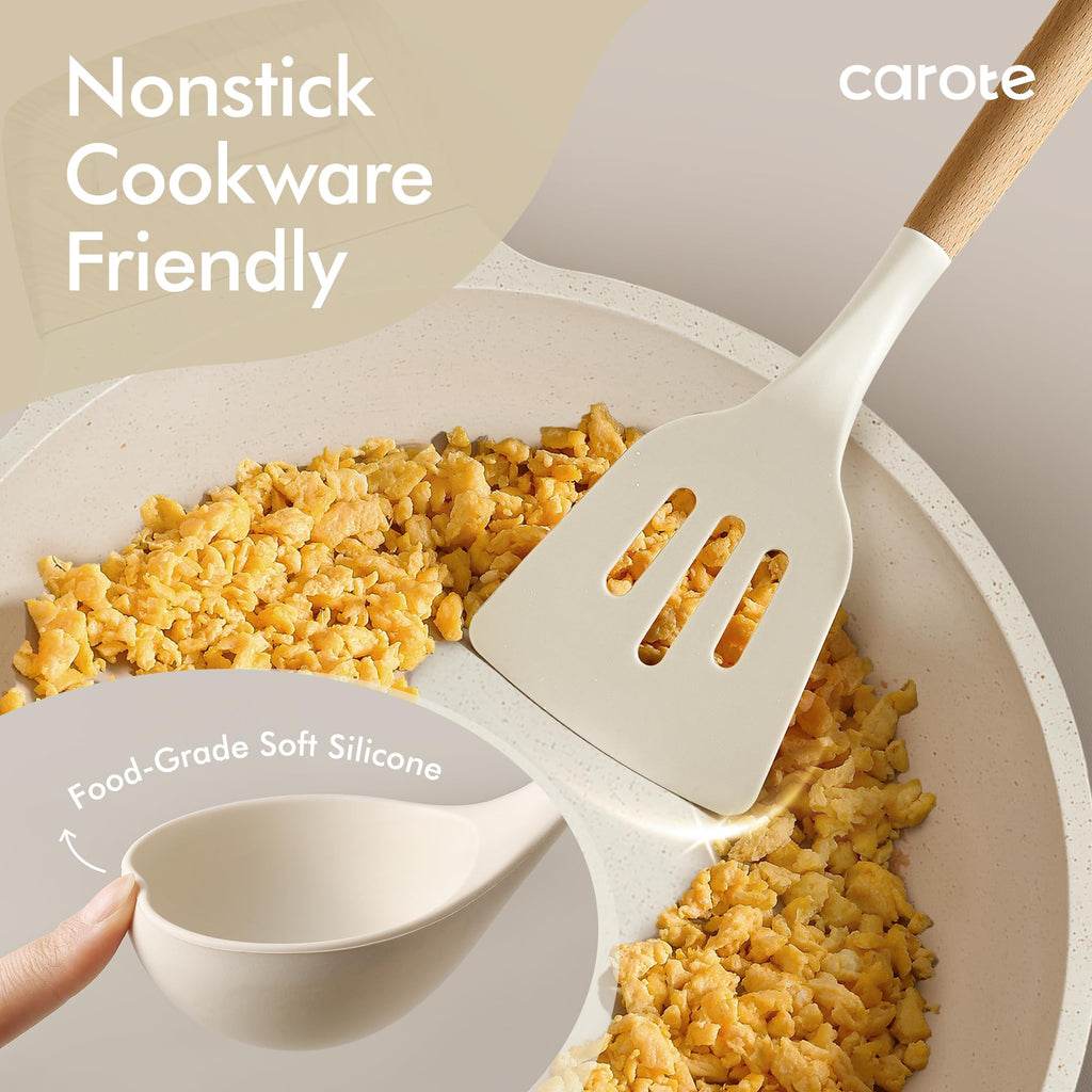 CAROTE Silicone Cooking Utensils Set for Nonstick Cookware, 446°F Heat Resistant Kitchen Utensil Set with Wooden Handle 10pcs, Spatula, Turner, Spoon, Tongs, Whisk