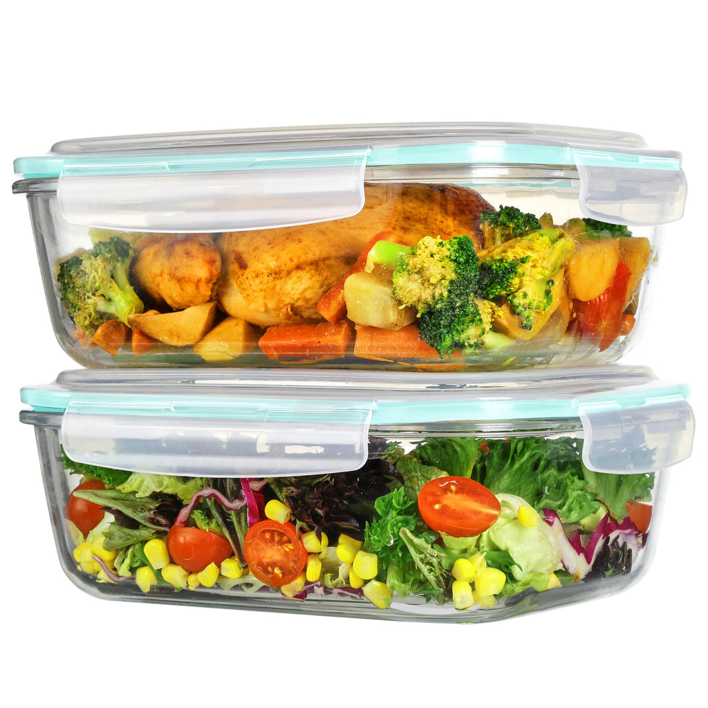 Vtopmart 2Pack 1860ml/63oz Large Glass Storage Containers with Lids, Meal Prep Food Container Set with Snap Airtight Lid for Baking, Microwave, Oven, Leak Proof, for Freezer, Dishwasher, Grey