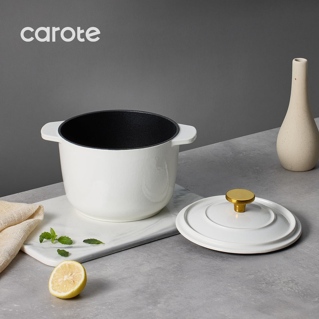 CAROTE 2QT Enameled Cast Iron Dutch Oven Pot with Lid, Mini Round Dutch Oven for Small Sourdough Bread, Stews, Soups, Sauces, Beans, Rice, Serves 1-2, Dual Handles, Healthy & Non-Toxic, All Stovetop Compatible, Oven Safe up to 500° F, White