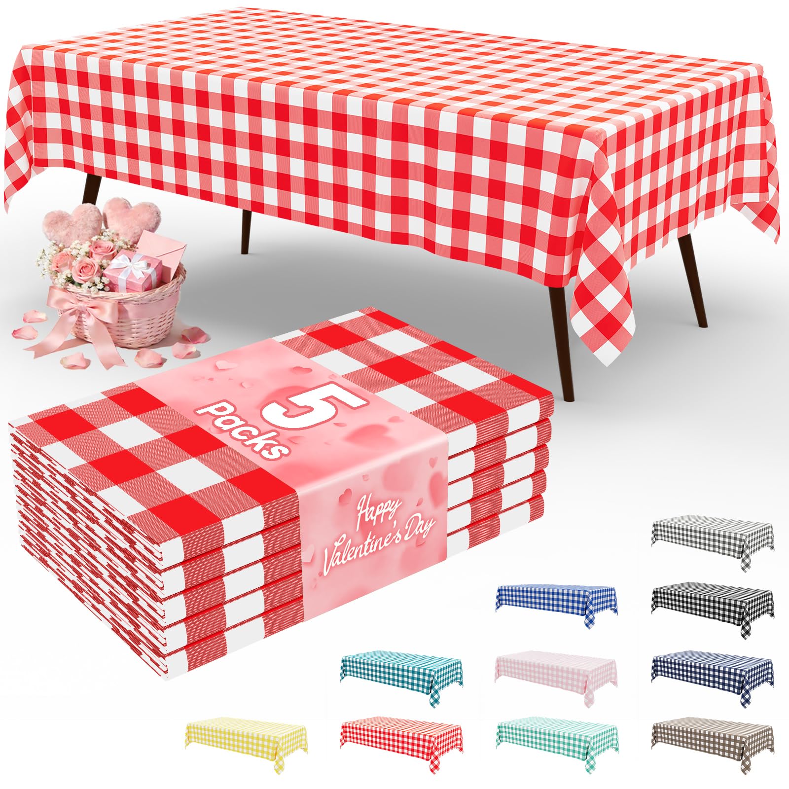 Smiry 3 Pack Red Gingham Disposable Tablecloths - 54" x 108" Heavy Duty Plastic Table Cloth, Waterproof Buffalo Plaid Table Covers for Picnic, Banquets, Outdoor Parties