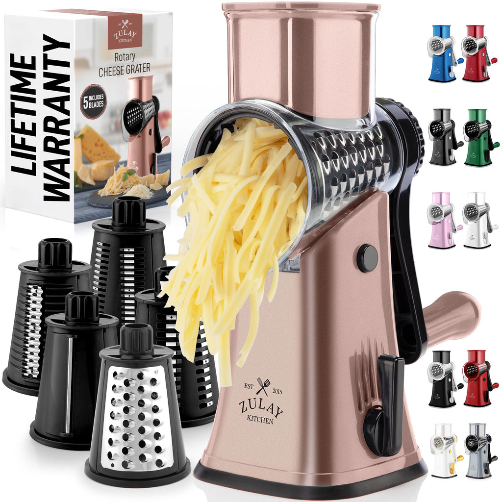 Zulay Kitchen Rotary Cheese Grater 5 Blade Cheese Shredder - Manual Hand Crank Cheese Grater With Reinforced Suction & 5 Interchangeable Drums - Easy to Use, Vegetable Chopper Round Mandoline Slicer