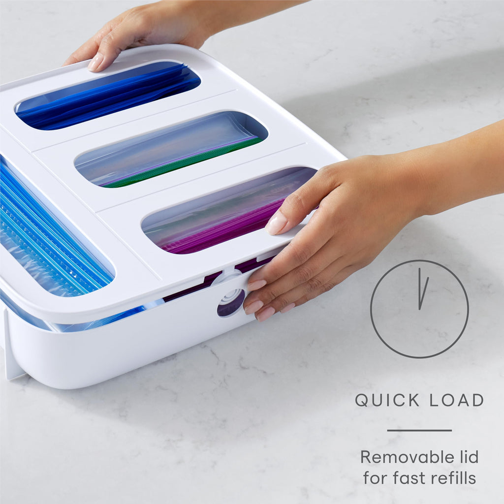 StoraBag Drawer Food Bags Dispenser, 4-Slot, Plastic Sandwich Bag Organizer for Kitchen Storage, White