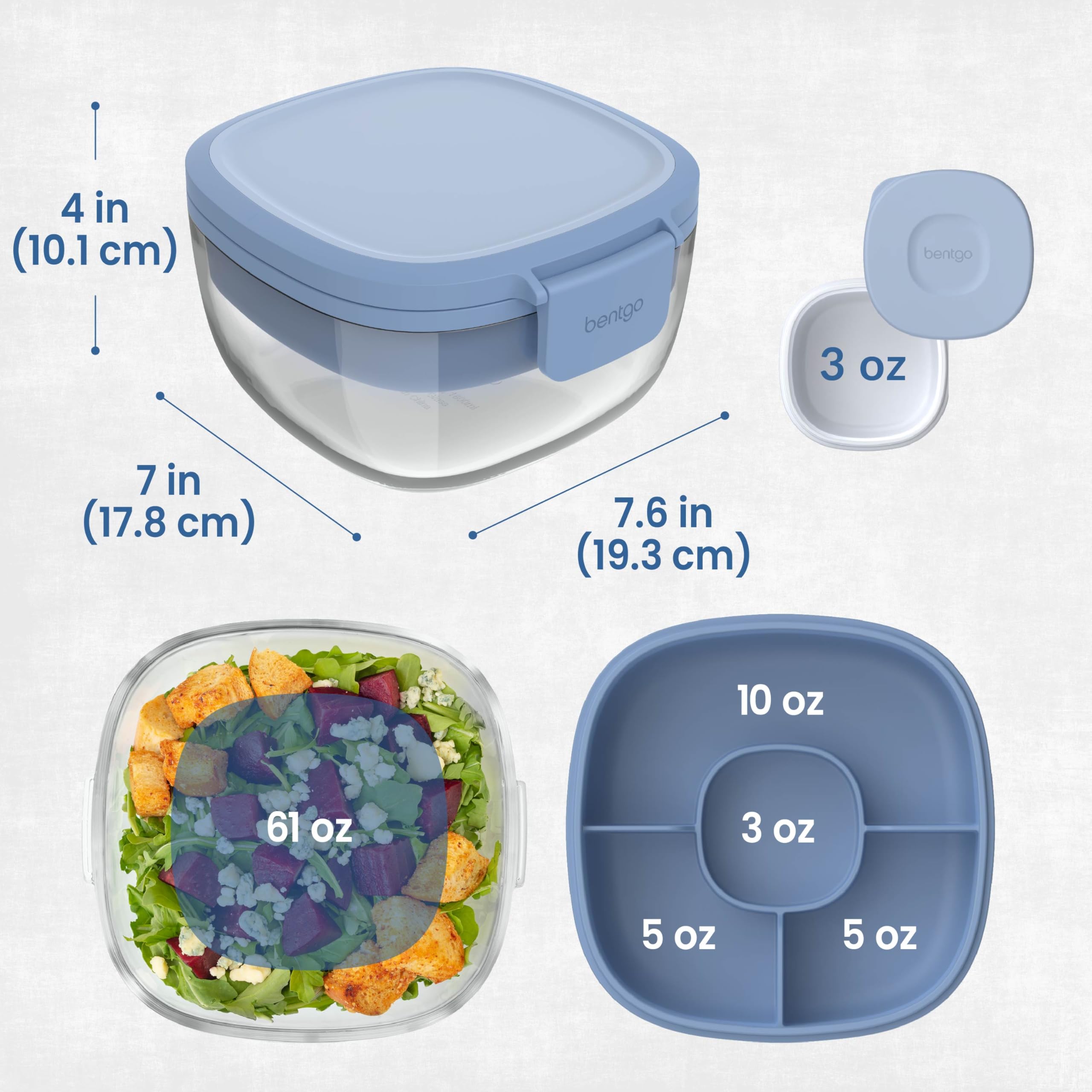 Bentgo Glass Salad Container - 7.6-Cup Salad Bowl with Airtight Lid, Leak-Proof Sauce Container, 4-Compartment Bento Tray & Reusable Fork - BPA-Free for Meal Prep, Office & More (Lavender)