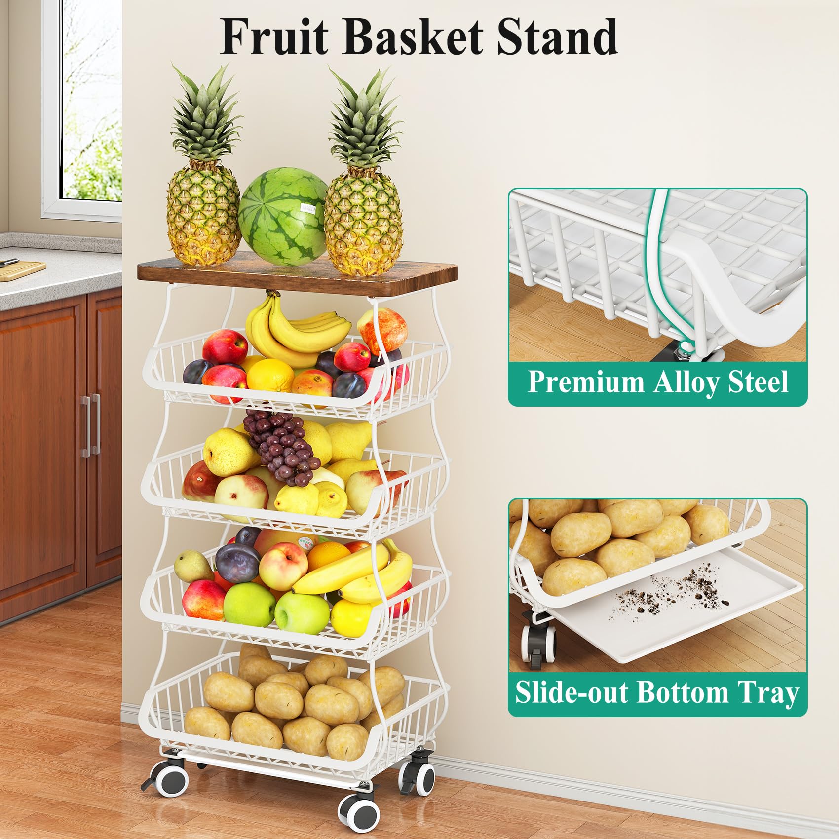 SAYZH Fruit Basket Kitchen Pantry Organizers and Storage - Wooden Top Table, Stackable Metal Wire Basket Stand Cart for Fruit Vegetable Snacks Onion Potato Organization, Black