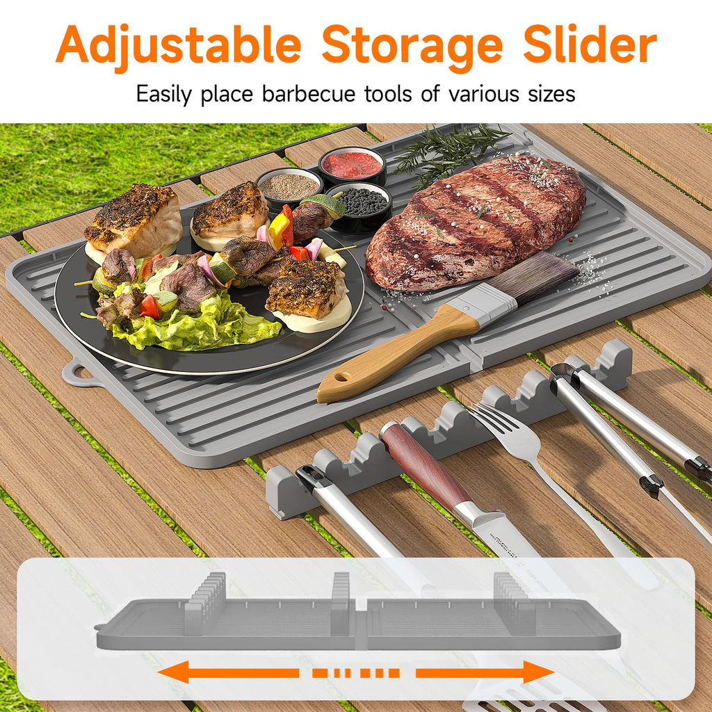 Silicone Grill Mat Compatible with Blackstone, Silicone Griddle Tool Mat with Adjustable Slots, Side Shelf Mat with Drip Pad for Griddle Accessories (Grey)