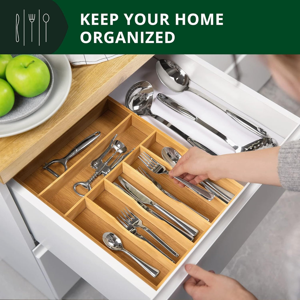 ROYAL CRAFT WOOD Luxury Bamboo Kitchen Drawer Organizer - Silverware Organizer - Utensil Holder and Cutlery Tray with Grooved Drawer Dividers for Flatware and Kitchen Utensils