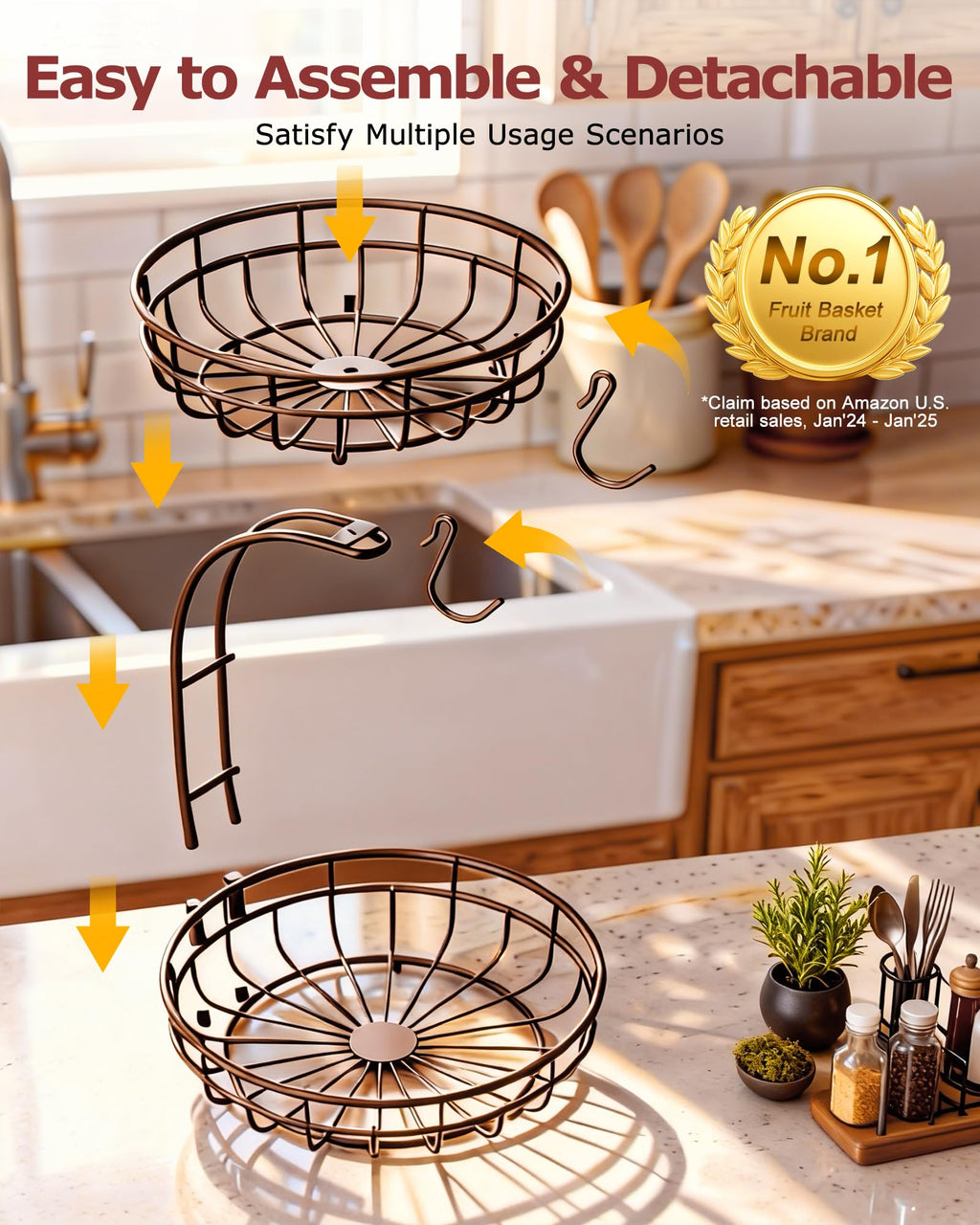 2 Tier Large Fruit Basket for Kitchen Counter with Removable Banana Hanger - Sturdy Iron Fruit Bowl for Kitchen Counter and Vegetable Holder, Fruit Holder for Kitchen Countertop, Black