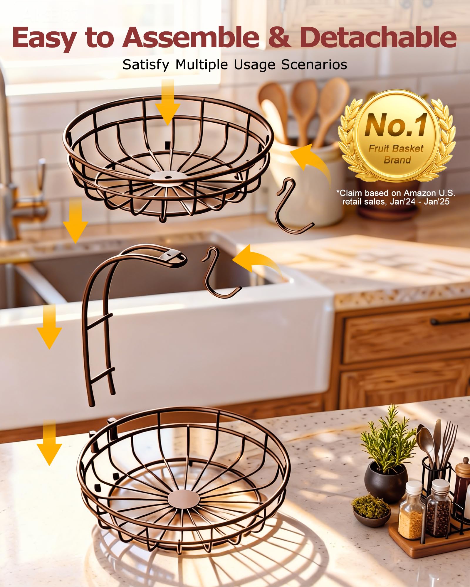 2 Tier Large Fruit Basket for Kitchen Counter with Removable Banana Hanger - Sturdy Iron Fruit Bowl for Kitchen Counter and Vegetable Holder, Fruit Holder for Kitchen Countertop, Black