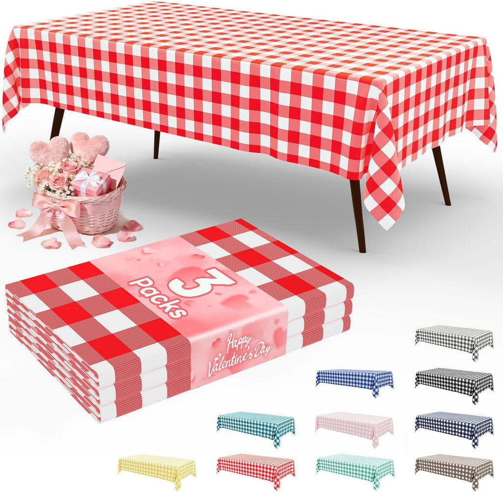 Smiry 3 Pack Red Gingham Disposable Tablecloths - 54" x 108" Heavy Duty Plastic Table Cloth, Waterproof Buffalo Plaid Table Covers for Picnic, Banquets, Outdoor Parties