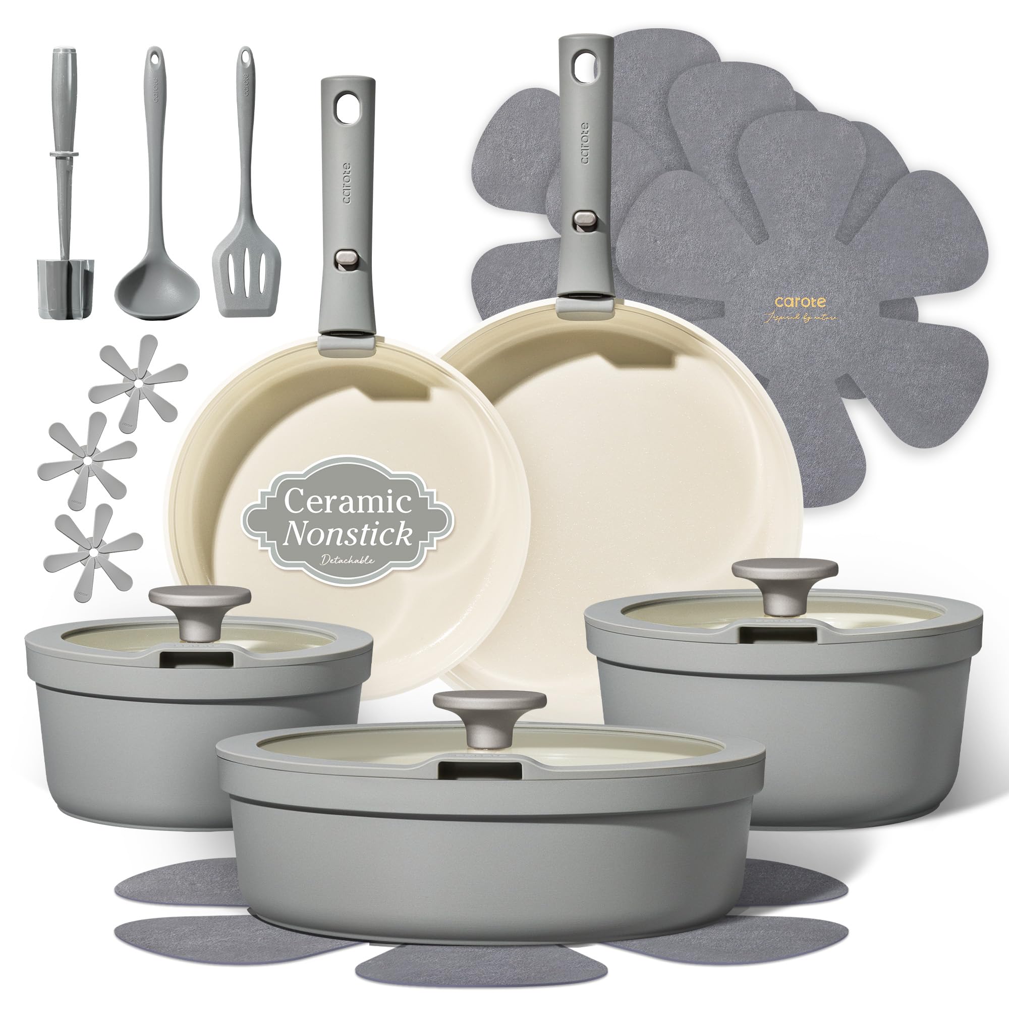 Carote 20pcs Ceramic Cookware Set with Detachable Handles, Pots and Pans Set Non Stick, RV Kitchen Cooking Pot and Pan, Dishwasher Safe, Non-toxic Induction Cookware PFAS and PFOA Free, Grey