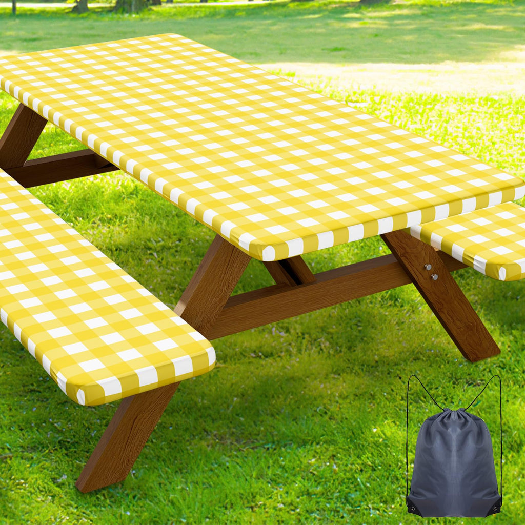 Smiry Picnic Table Cover with Bench Covers, Waterproof Elastic Fitted Tablecloths for 6 Foot Rectangle Tables, Washable Buffalo Plaid Tablecloth for Camping, Outdoor (Black & White, 30"x72")