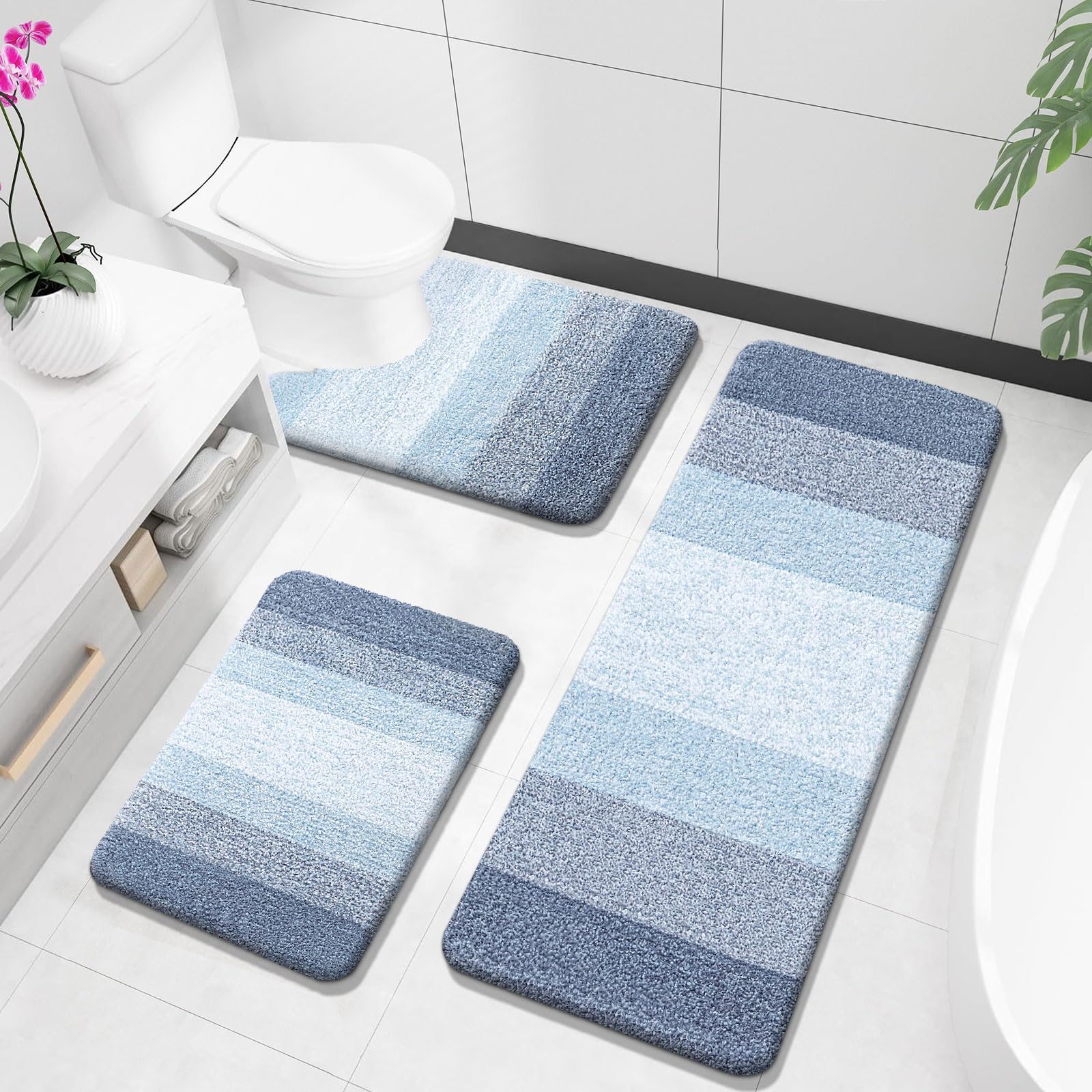 OLANLY Bathroom Rugs Sets 3 Piece, Soft Absorbent Microfiber Bath Mats and U-Shaped Contour Toilet Rug, Machine Wash Dry, Plush Shaggy Bath Mat Set for Bathroom (30"x20"+24"x16"+24"x20", Grey)