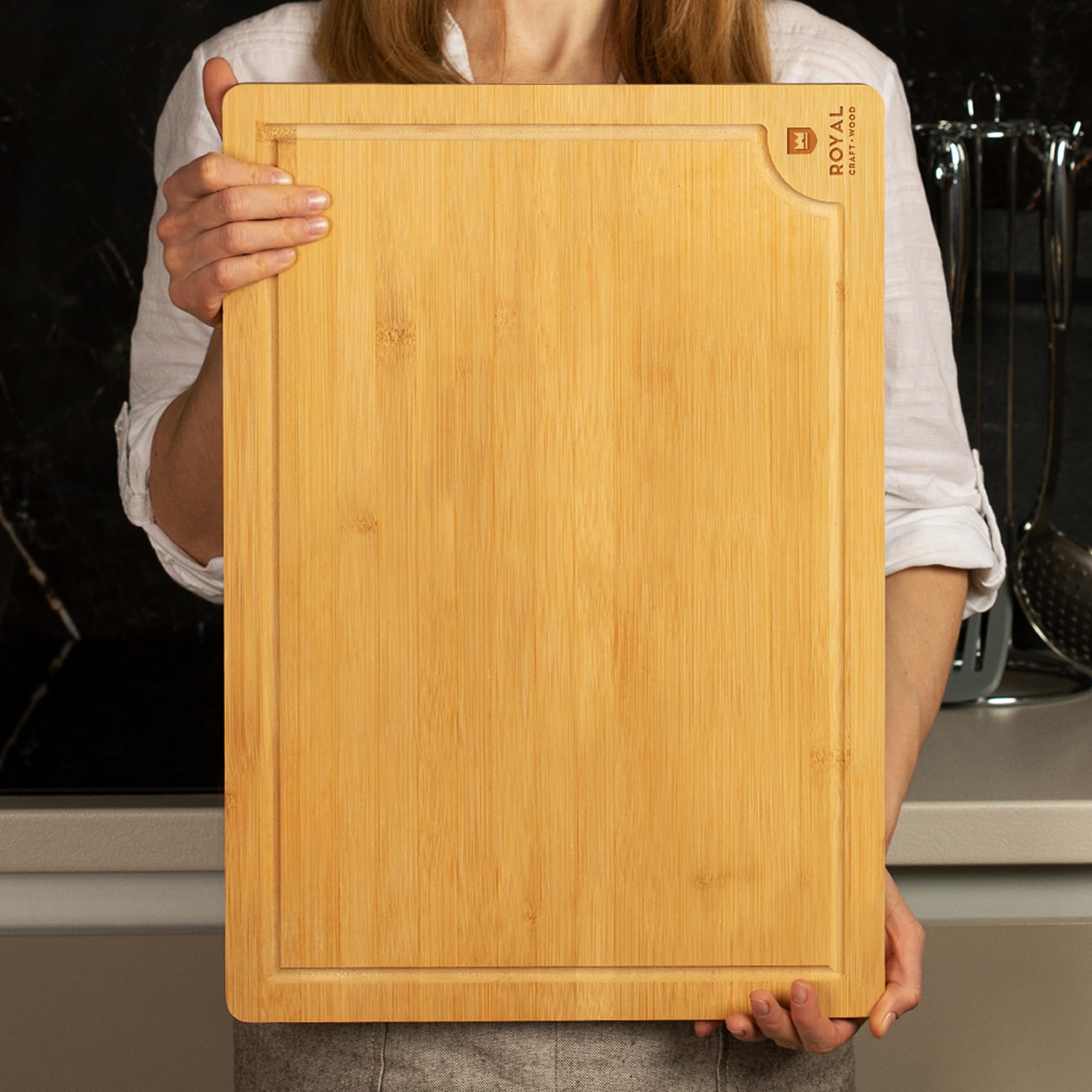ROYAL CRAFT WOOD Organic Bamboo Cutting Board with Juice Groove - Kitchen Chopping Board for Meat (Butcher Block) Cheese and Vegetables