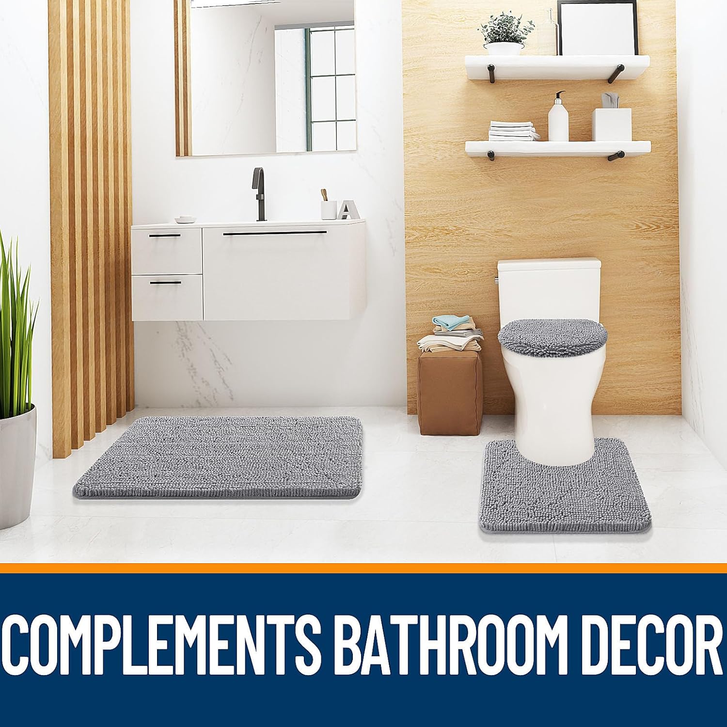 OLANLY Soft Chenille Bathroom Toilet Lid Cover, Machine Washable Seat Covers, 17.5x15, Stays in Place Rubber Backing, Fits Most Round, Elongated and Oblong Lids, Accessories Decor, Gray