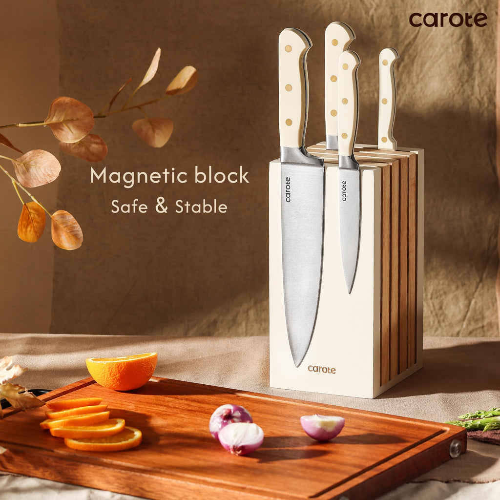 CAROTE 15Piece Knife Set, Kitchen Knife Block Set, Elegant White Ceramic-Coated Blades with Stylish Wooden Block for Modern Culinary Excellence