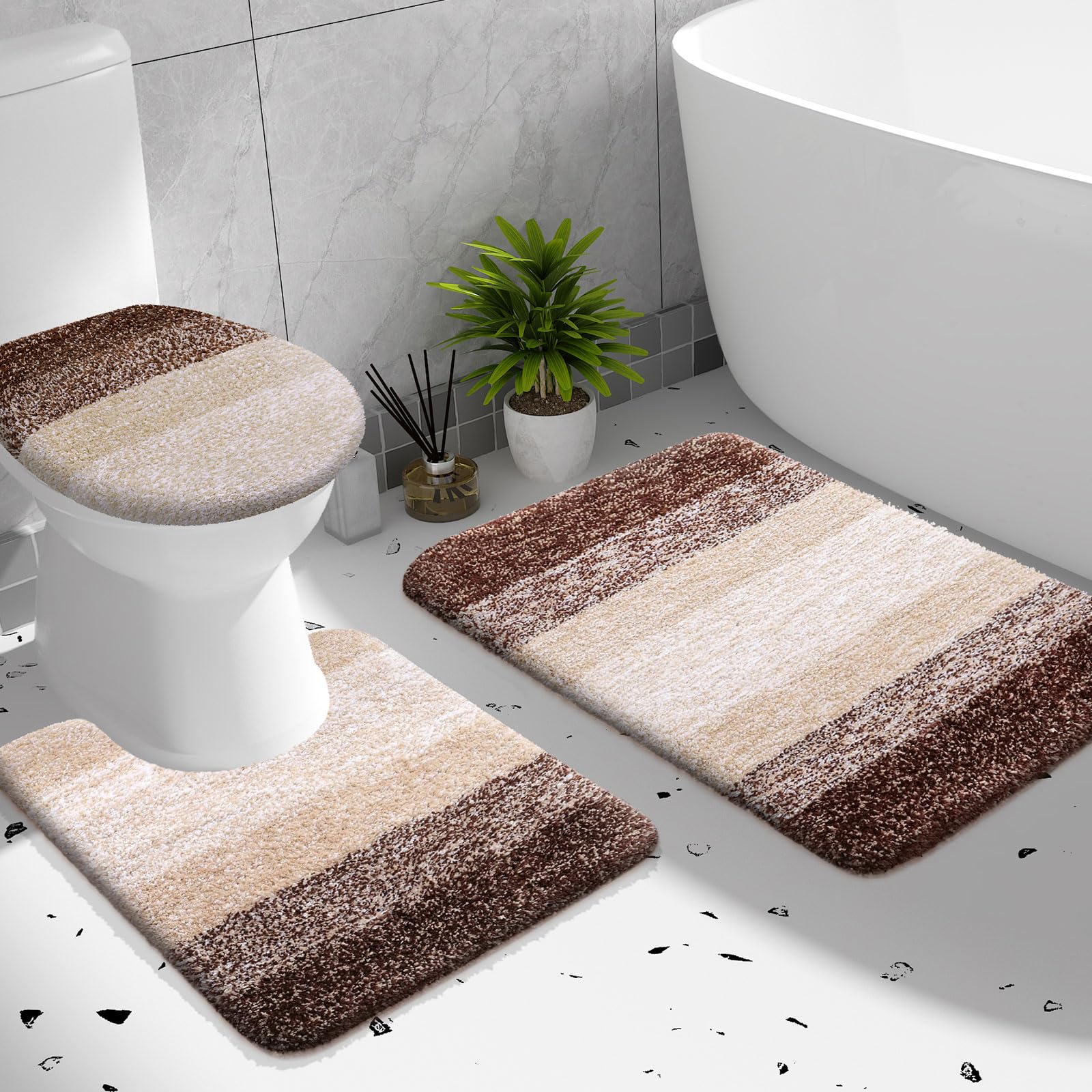 OLANLY Bathroom Rugs Sets 3 Piece, Soft Microfiber Absorbent Bath Mat, U-Shaped Contour Toilet Mat and Toilet Lid Cover, Quick Dry, Machine Washable, Toilet Cover and Rug Set for Bathroom, Grey