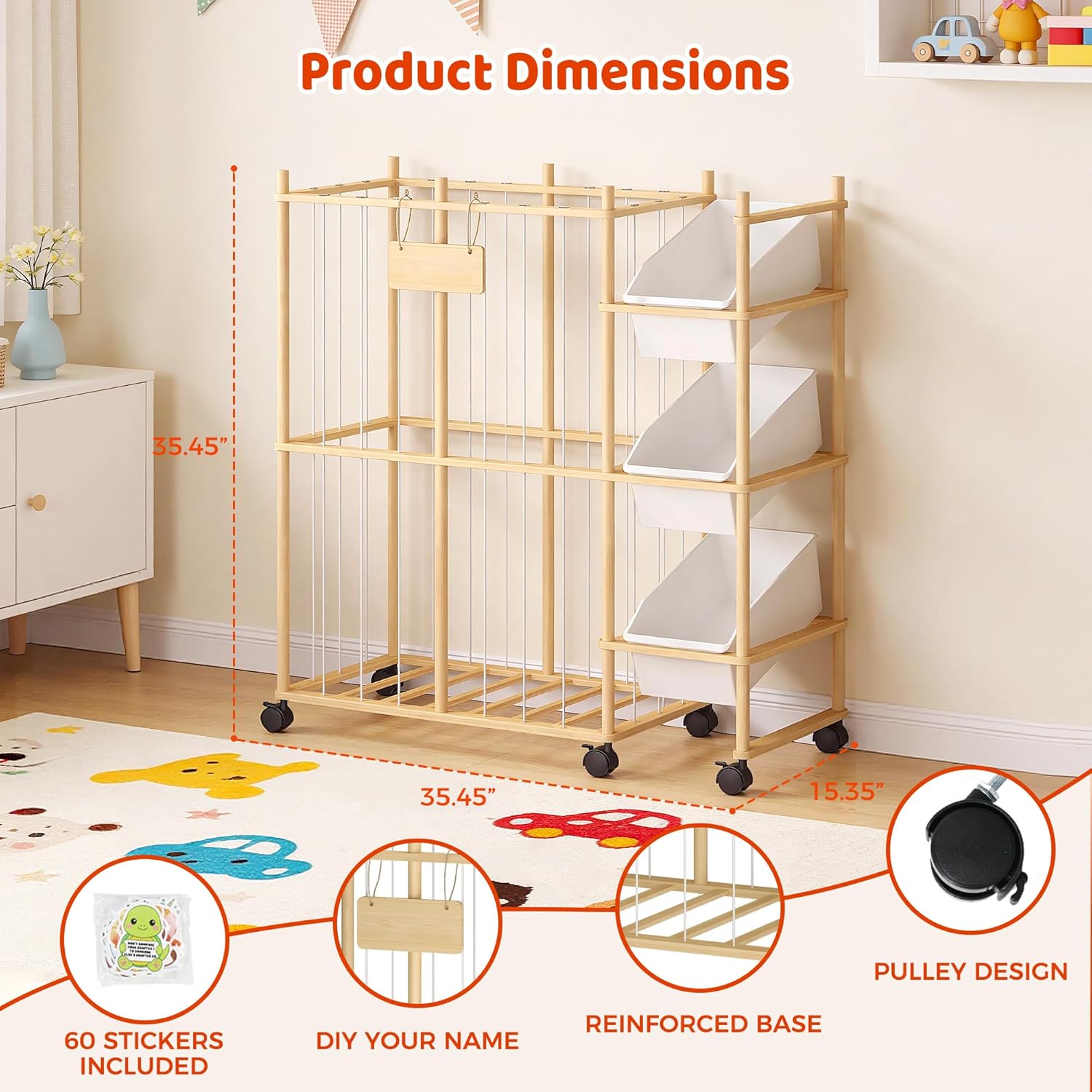 Stuffed Animal Storage with 3 Removable Bins, Wood Animals Zoo Stuffed Animal Holder with Sticker, Large Capacity Toy Storage Organizer for Toddler Rooms, Playrooms & Bedrooms Organization