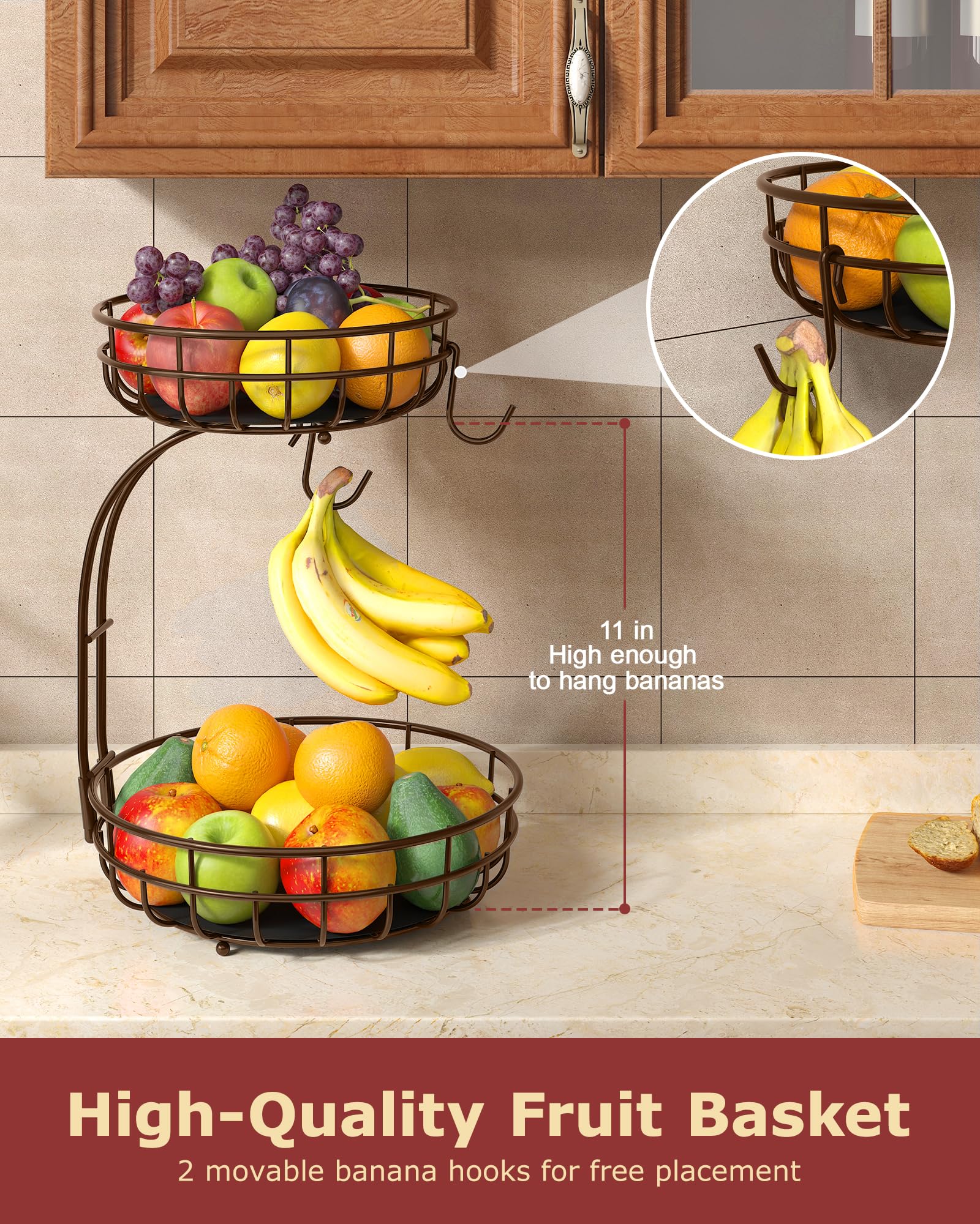 2 Tier Large Fruit Basket for Kitchen Counter with Removable Banana Hanger - Sturdy Iron Fruit Bowl for Kitchen Counter and Vegetable Holder, Fruit Holder for Kitchen Countertop, Black