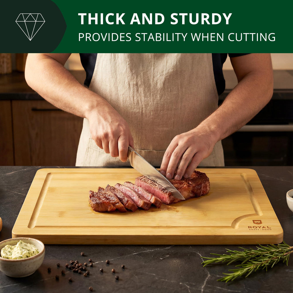 ROYAL CRAFT WOOD Organic Bamboo Cutting Board with Juice Groove - Kitchen Chopping Board for Meat (Butcher Block) Cheese and Vegetables