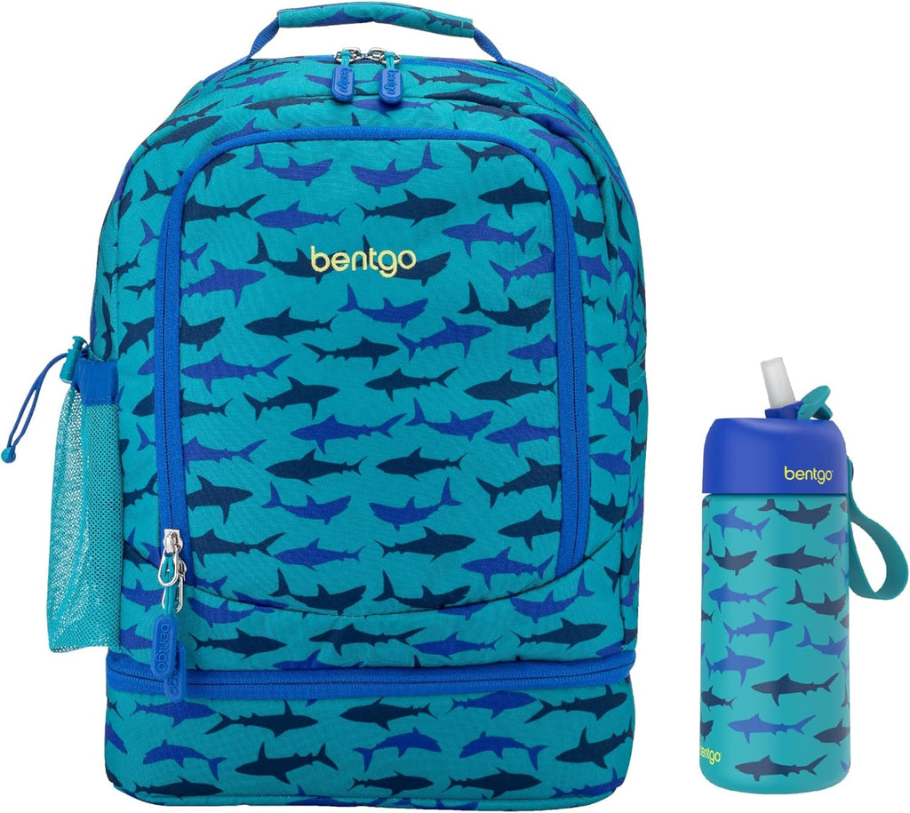 Bentgo 2-in-1 Backpack & Insulated Lunch Bag Set With Stainless Steel Water Bottle (Sharks)
