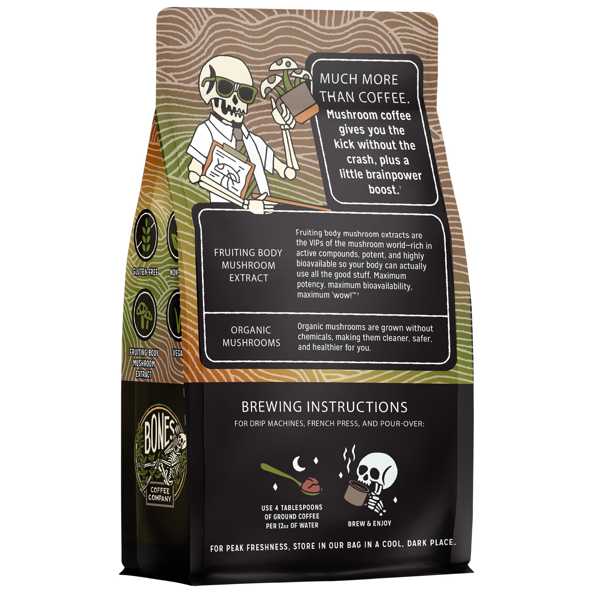 Bones Coffee Company Better Brain Mushroom Coffee - Medium Roast Low Acid Arabica Beans - Ground or Whole Bean - Reishi, Chaga, Lion's Mane, Cordyceps Mushroom Blend - 10 Oz