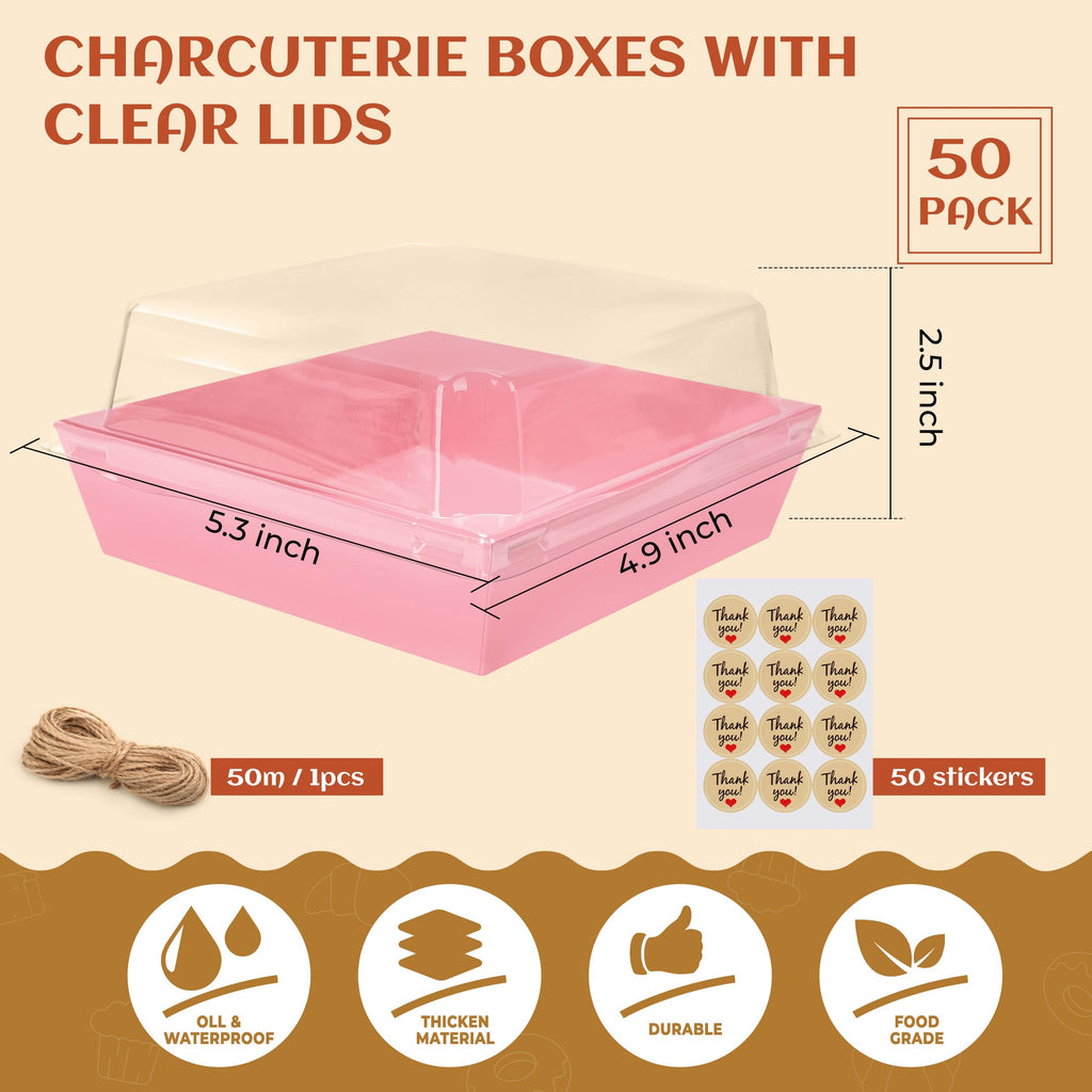 Disposable Charcuterie Boxes with Clear Lid, Food Boxes for Cold&Room Temperature Foods,Grease-Resistant Bakery Packaging for Pastry & Takeout Use 5.3x4.9x2.5INCH(50 Pack,Brown)