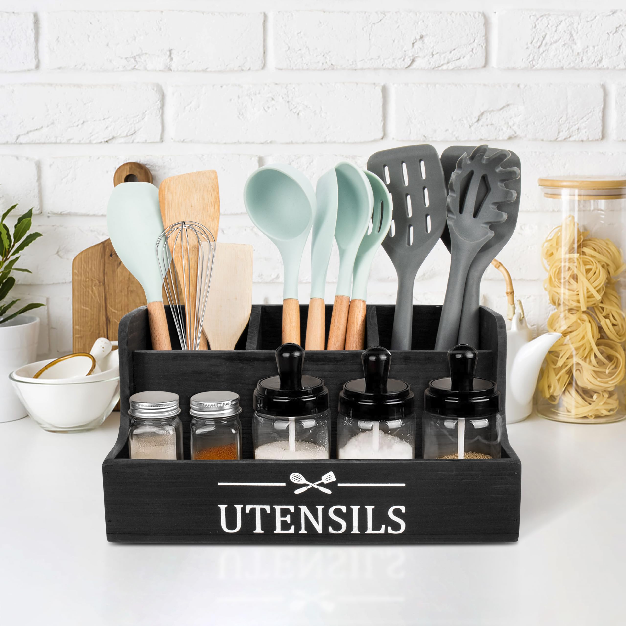 RedCall Extra Large Kitchen Utensils Holder 4 Compartments,Wood Utensil Organizer for Kitchen Countertop,Farmhouse Cooking Utensil Holder with Spice Storage space (Black)