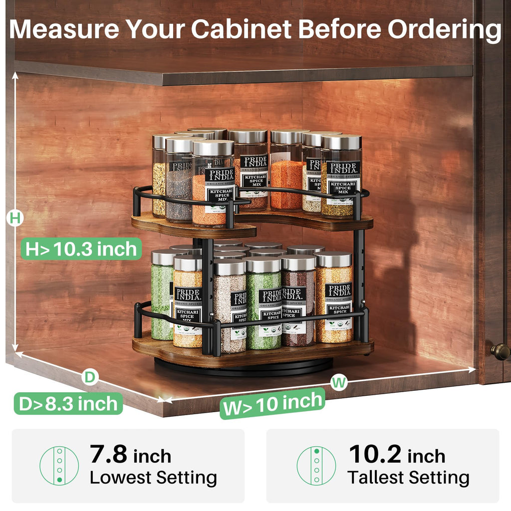 Lazy Susan Organizer Spice Rack - Spice Organization for Cabinet Height Adjustable Rotating Lazy Turntable, Pantry Kitchen Wood Revolving Seasoning Organizer (12 Inch)