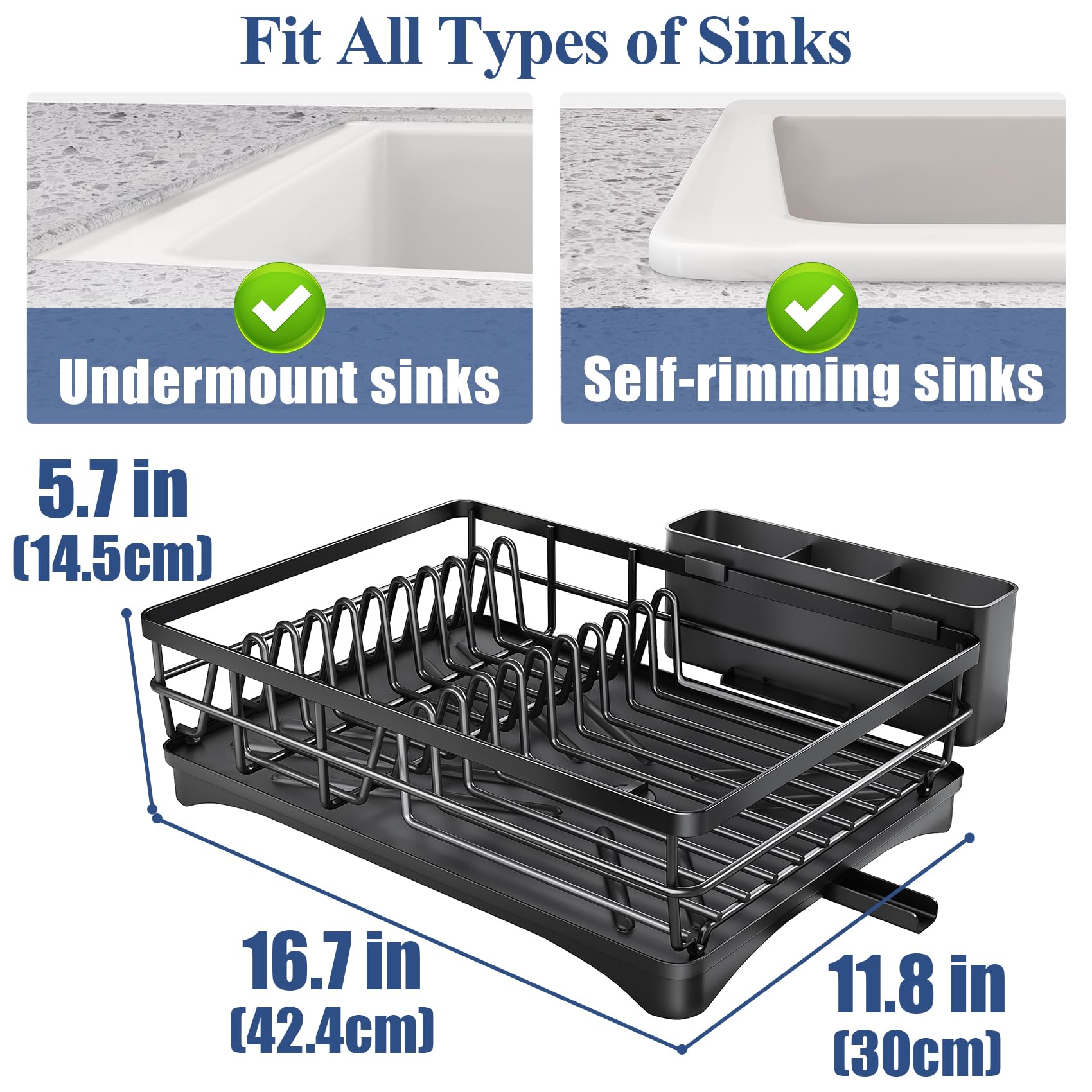 SNTD Dish Drying Rack for Kitchen Counter - Large Dish Rack with Drainboard, Rustproof Dish Drainer with Utensil Holder for Sink, Black
