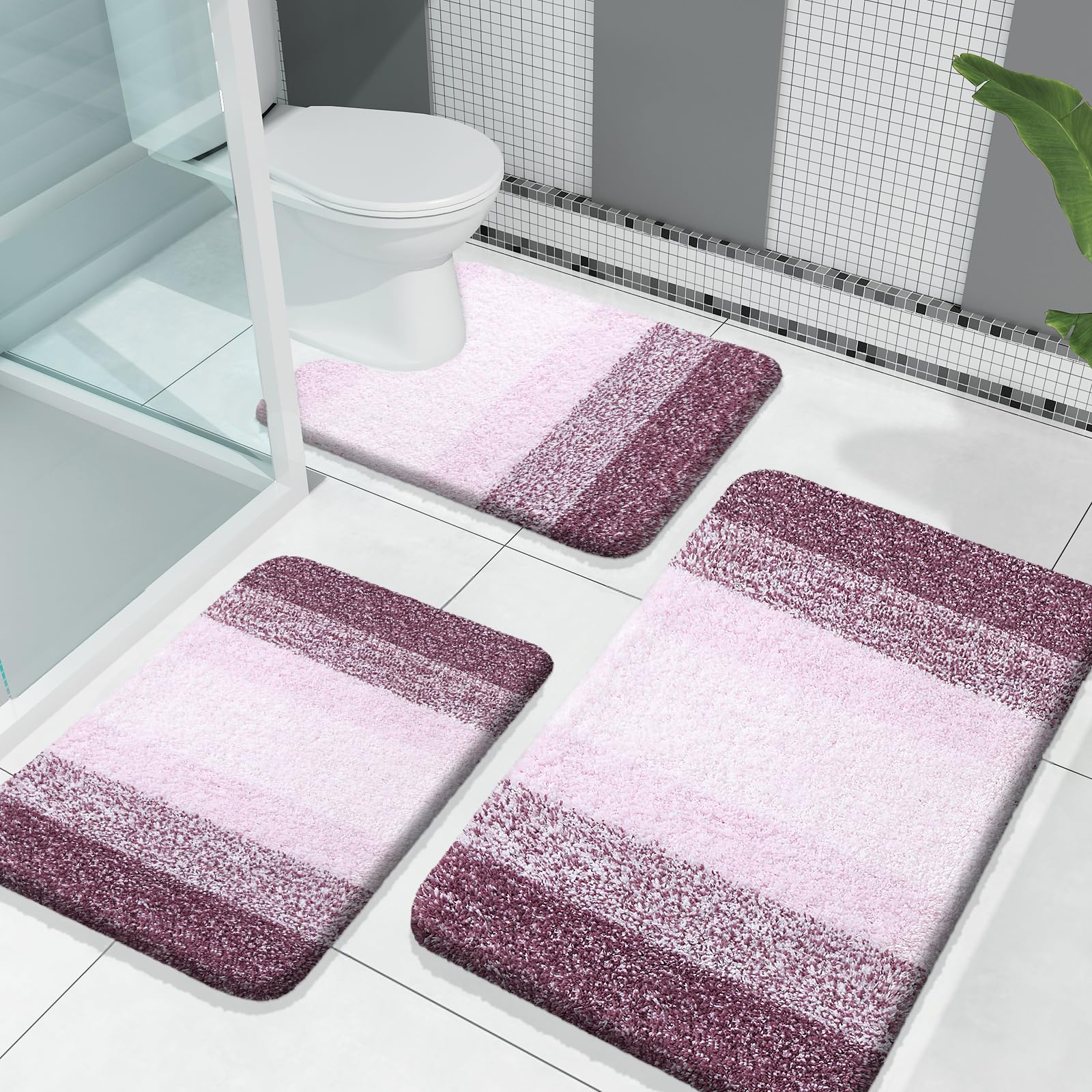 OLANLY Bathroom Rugs Sets 3 Piece, Soft Absorbent Microfiber Bath Mats and U-Shaped Contour Toilet Rug, Machine Wash Dry, Plush Shaggy Bath Mat Set for Bathroom (30"x20"+24"x16"+24"x20", Grey)