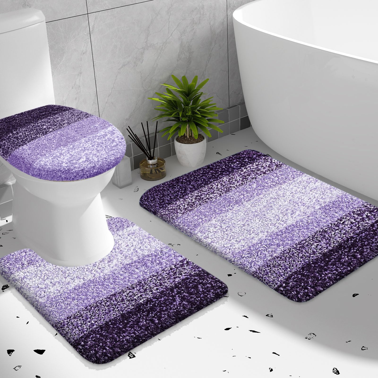 OLANLY Bathroom Rugs Sets 3 Piece, Soft Microfiber Absorbent Bath Mat, U-Shaped Contour Toilet Mat and Toilet Lid Cover, Quick Dry, Machine Washable, Toilet Cover and Rug Set for Bathroom, Grey