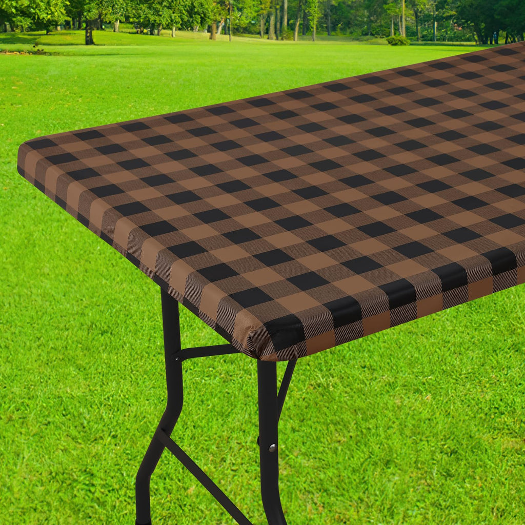 Smiry Rectangle Picnic Table Cloth, Elastic Waterproof Fitted Vinyl Tablecloths, Flannel Backed Buffalo Plaid Table Covers for Dining, Camping, Outdoor (Black and White, 30" x 72")