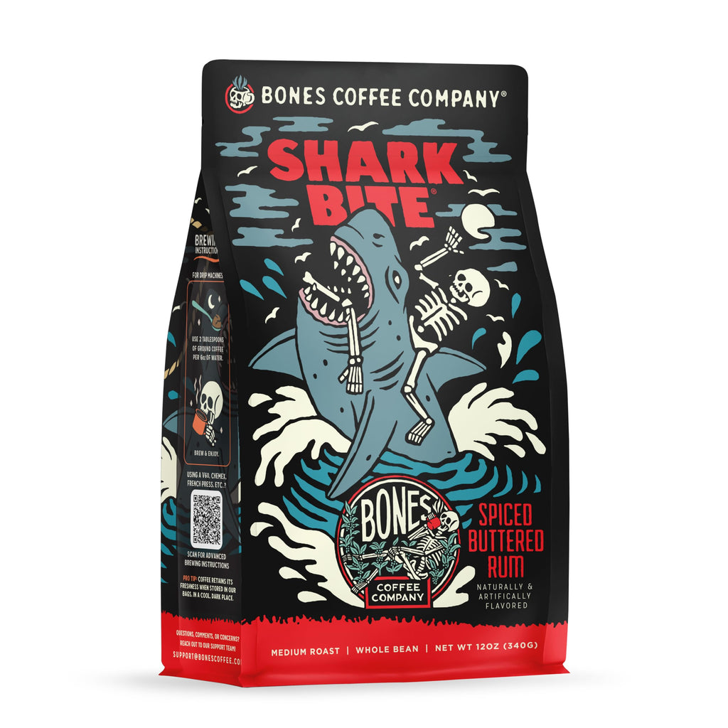 Bones Coffee Company Salted Caramel Flavored Coffee, Medium Roast Low Acid Arabica Beans Compatible with Auto drip and French Press Coffee Maker, 12 Oz Whole Bean