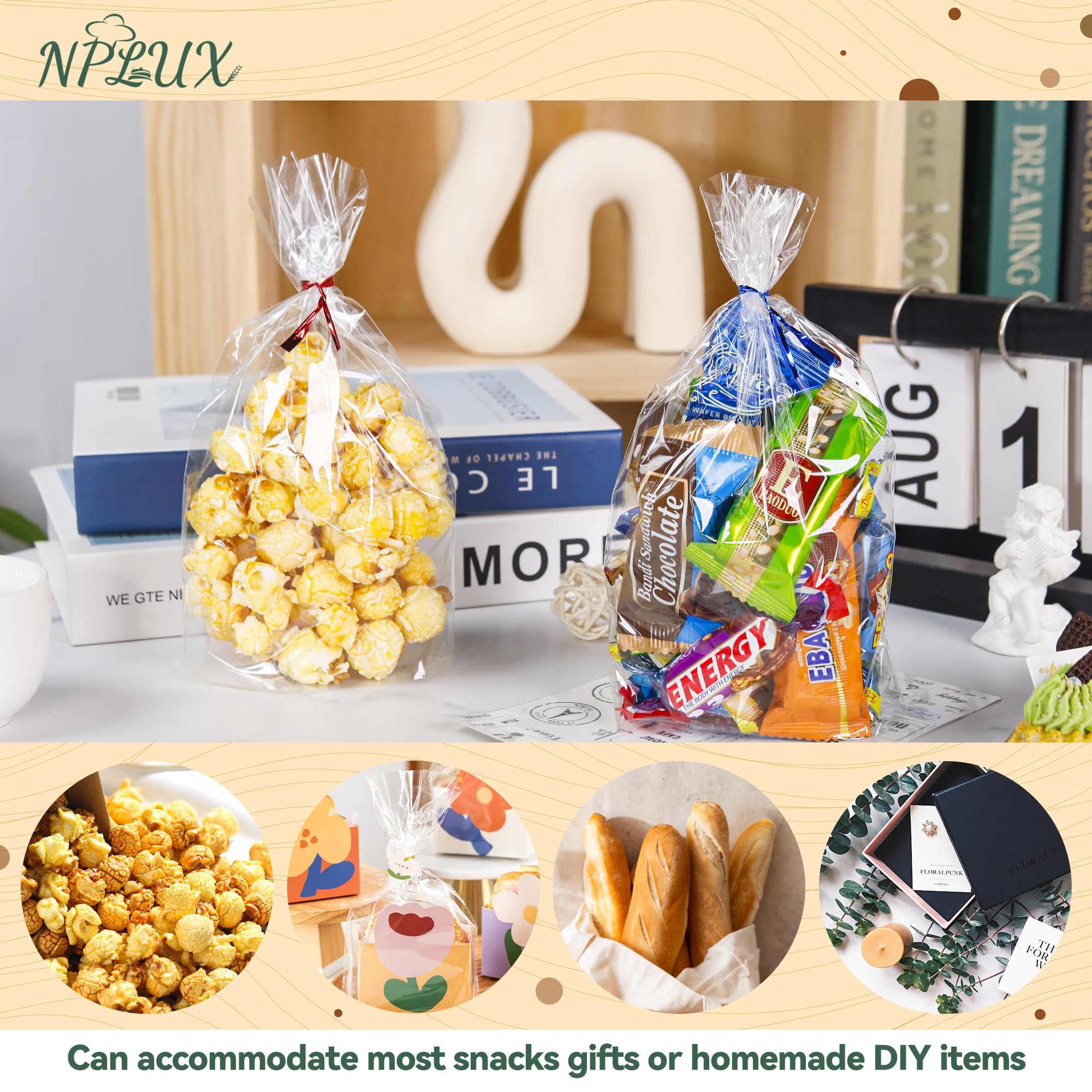 NPLUX 100 Pack Cellophane Bags Clear Flat Bottom Cellophane Treat Bags Gusseted with 100 Pack Twist Ties for Candy Popcorn Cookie Small Gift Wrapping(6×9×2.4 Inches)
