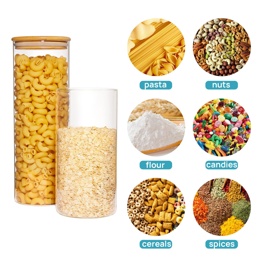 Vtopmart Glass Food Storage Jars, 7 Pack Kitchen Containers with Airtight Bamboo Wooden Lids for Pasta, Cookies, Nuts, Coffee Beans, Cereal, Canisters Set for Flour, Pantry Organization, BPA Free