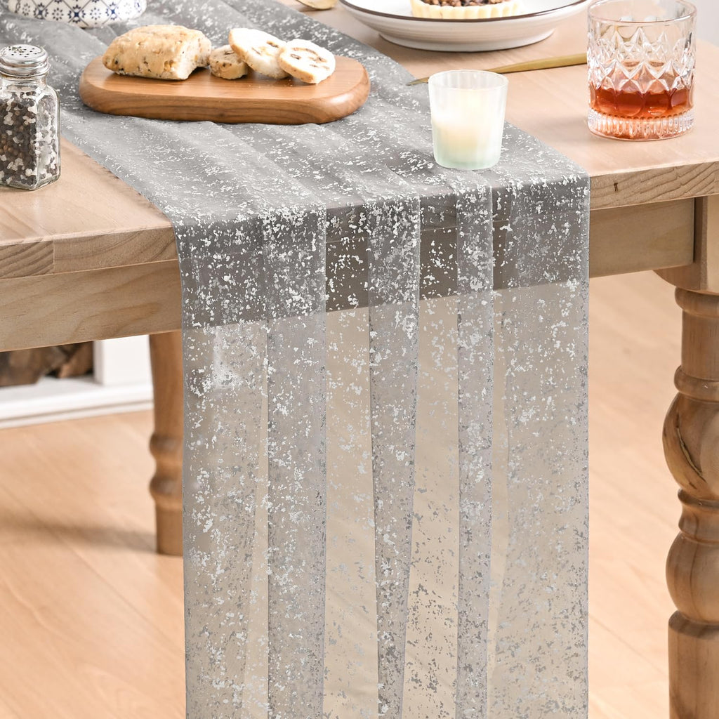 Artoid Mode Beige Gold Gauze Table Runner 120 Inch 10FT, Glitter Metallic Foil Sheer Dining Wedding Anniversary Holiday Birthday Table Decor for Home Party