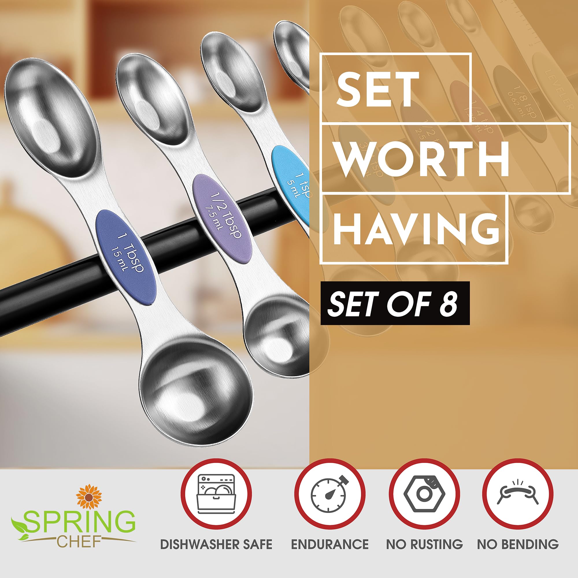 Spring Chef Stainless Steel Magnetic Measuring Spoons Set with Strong N45 Magnets, Heavy Duty Metal Kitchen Gadgets for Baking & Cooking, Fits in Most Kitchen Spice Jars, Set of 8 with Leveler, Black