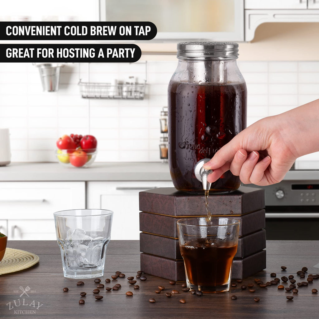 Zulay 1 Gallon/128oz Cold Brew Coffee Maker – Thick Glass Pitcher with Stainless Steel Filter, Lid & Spout – Large Mason Jar Container Dispenser - Iced Coffee & Sun Tea Brewer for Fridge – Silver