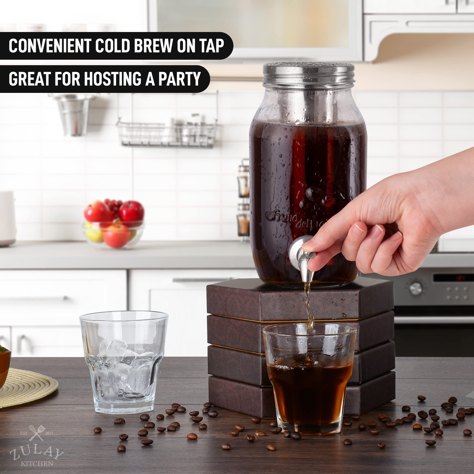 Zulay 1 Gallon/128oz Cold Brew Coffee Maker – Thick Glass Pitcher with Stainless Steel Filter, Lid & Spout – Large Mason Jar Container Dispenser - Iced Coffee & Sun Tea Brewer for Fridge – Silver