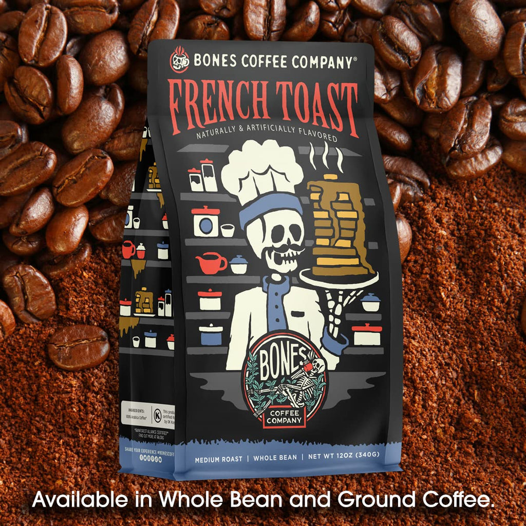 Bones Coffee Company Salty Siren, Sea Salted Caramel Chocolate Flavored Coffee, Medium Roast Low Acid Arabica Beans Compatible with Auto drip and French Press Coffee Maker, 12 Oz Whole Bean